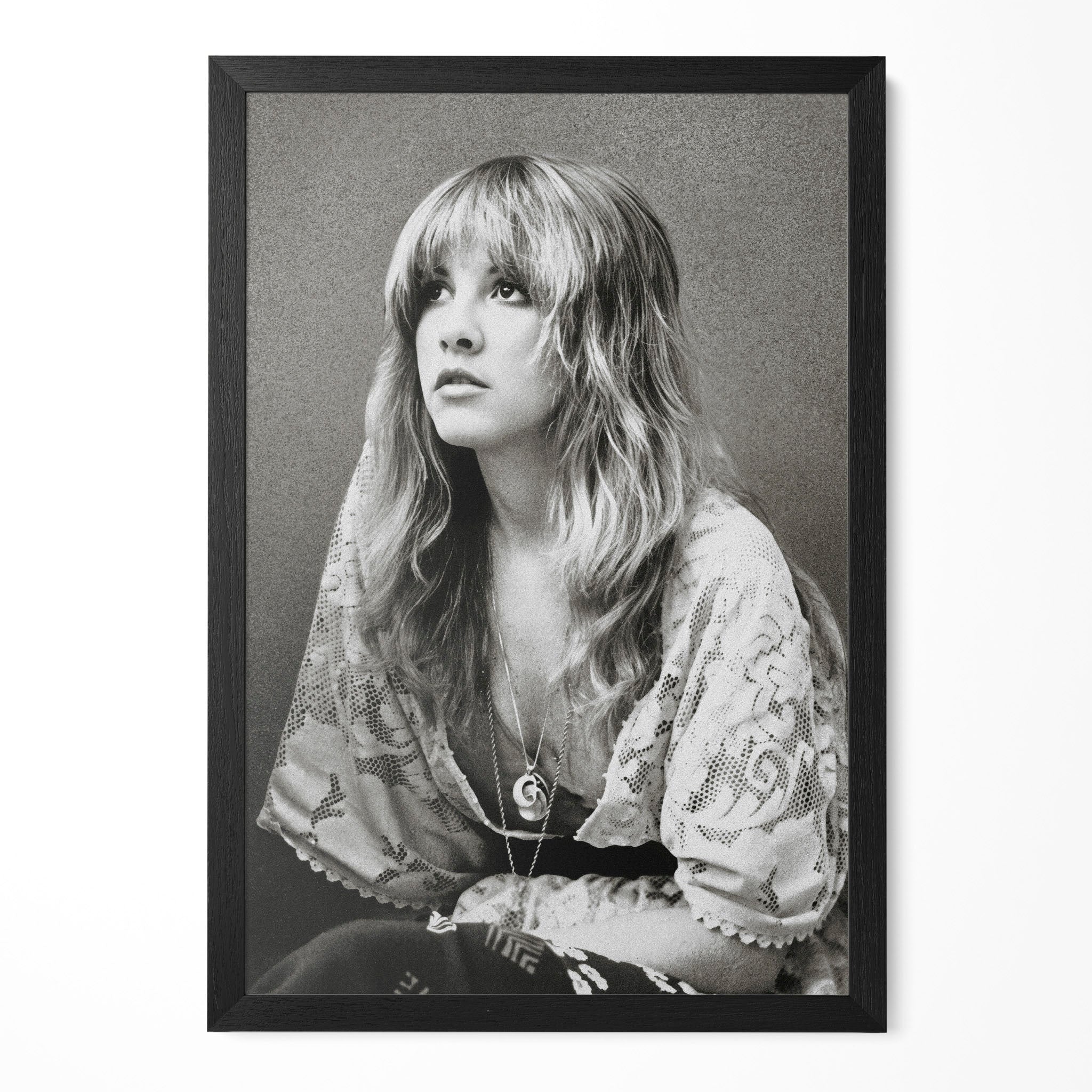 Stevie Nicks 1976 Rumours era bohemian black and white portrait in a classic black poster frame