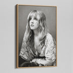 Angled view of the Stevie Nicks 1976 black and white portrait canvas in a natural oak floating frame
