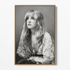 Front view of the Stevie Nicks 1976 black and white portrait canvas in a natural oak floating frame