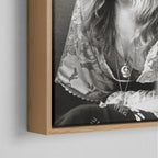 Corner close-up of the natural oak floating frame on the Stevie Nicks 1976 black and white canvas