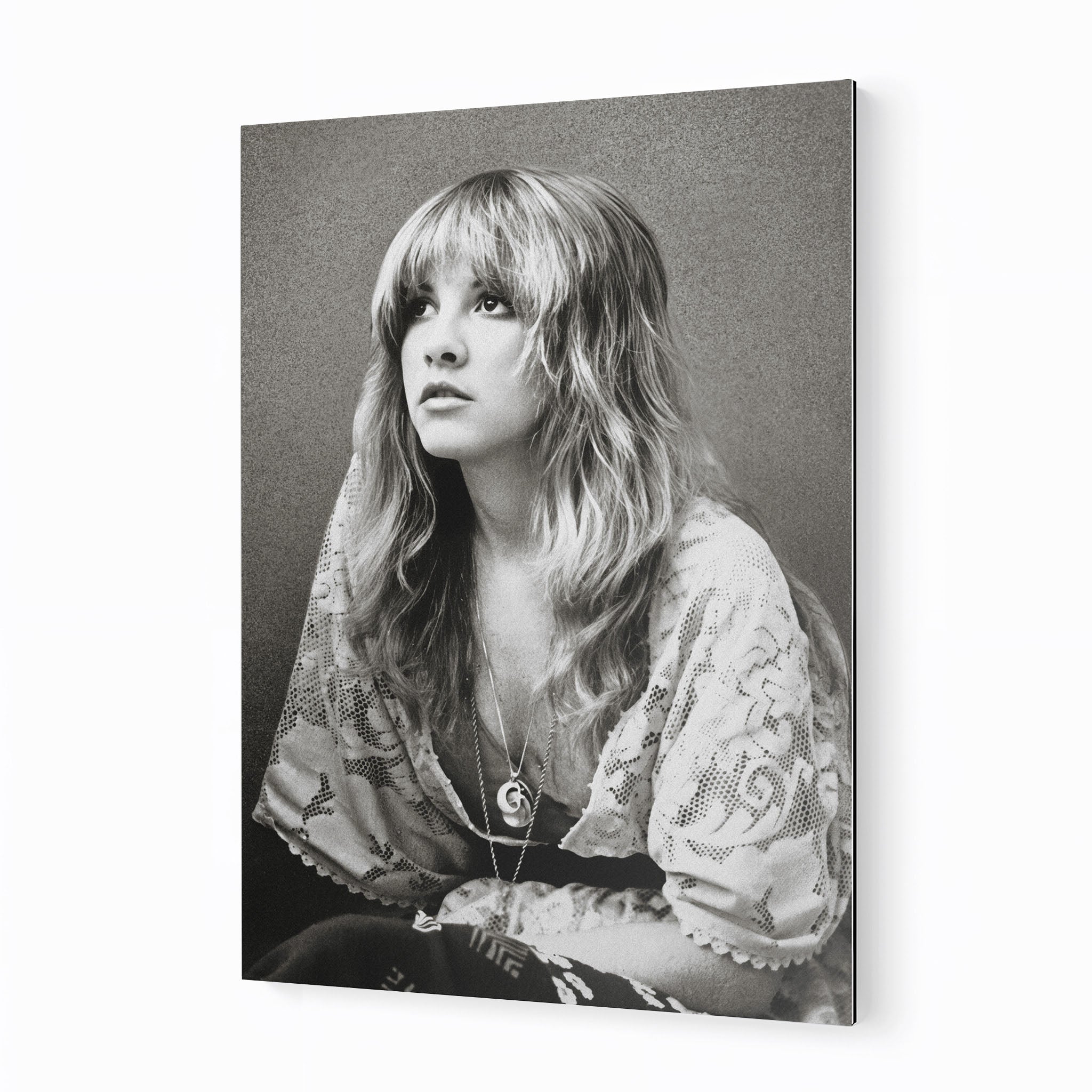 Stevie Nicks 1976 Rumours era bohemian black and white portrait on sleek aluminium metal