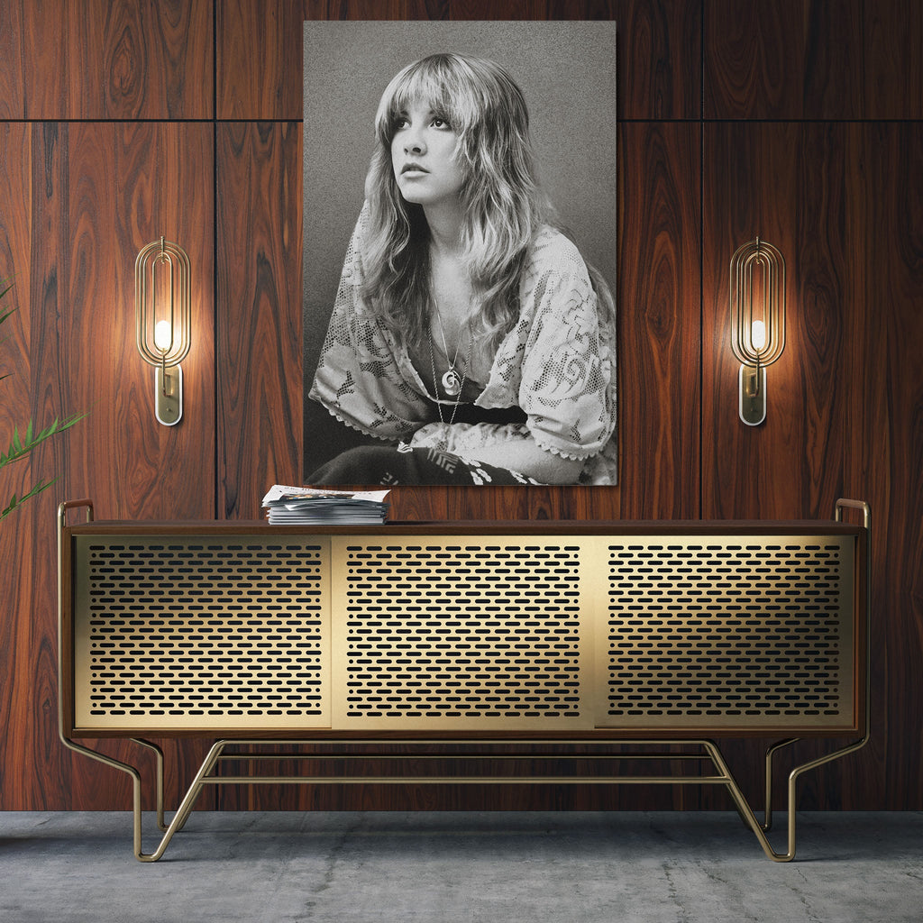 Aluminium metal print of the Stevie Nicks Fleetwood Mac 1976 black and white portrait