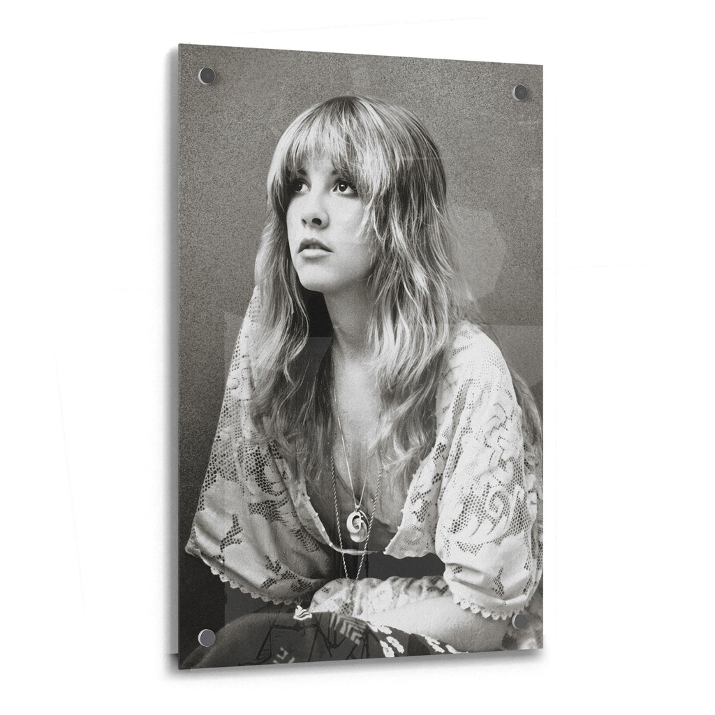 Stevie Nicks 1976 Rumours era bohemian black and white portrait on glossy acrylic glass