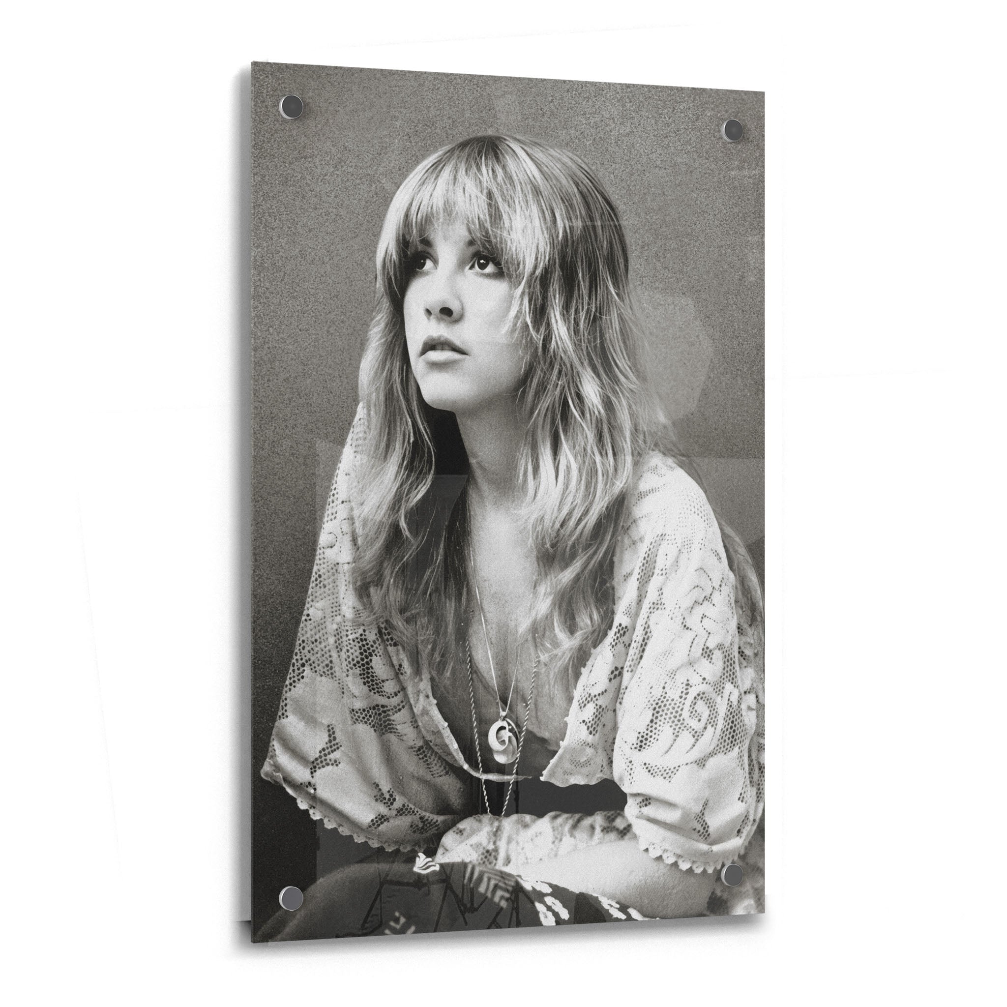 Stevie Nicks 1976 Rumours era bohemian black and white portrait on glossy acrylic glass
