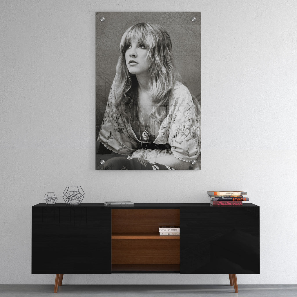 High-gloss acrylic print of the Stevie Nicks Fleetwood Mac 1976 black and white portrait