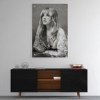 High-gloss acrylic print of the Stevie Nicks Fleetwood Mac 1976 black and white portrait