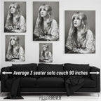 Wall art size comparison chart displaying multiple print dimensions above an average 3-seater sofa
