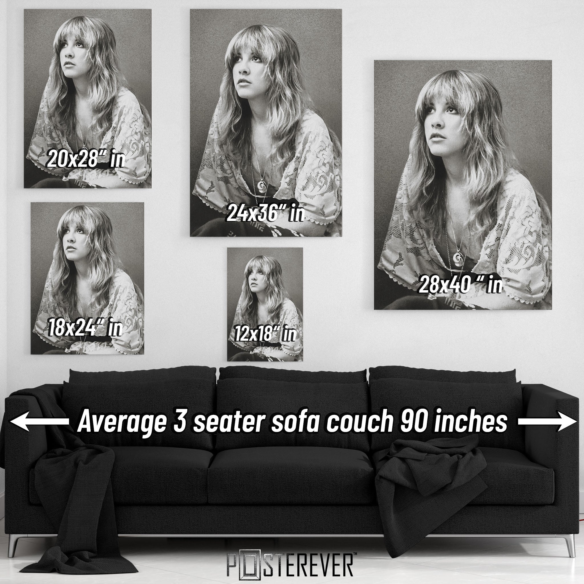 Wall art size comparison chart displaying multiple print dimensions above an average 3-seater sofa