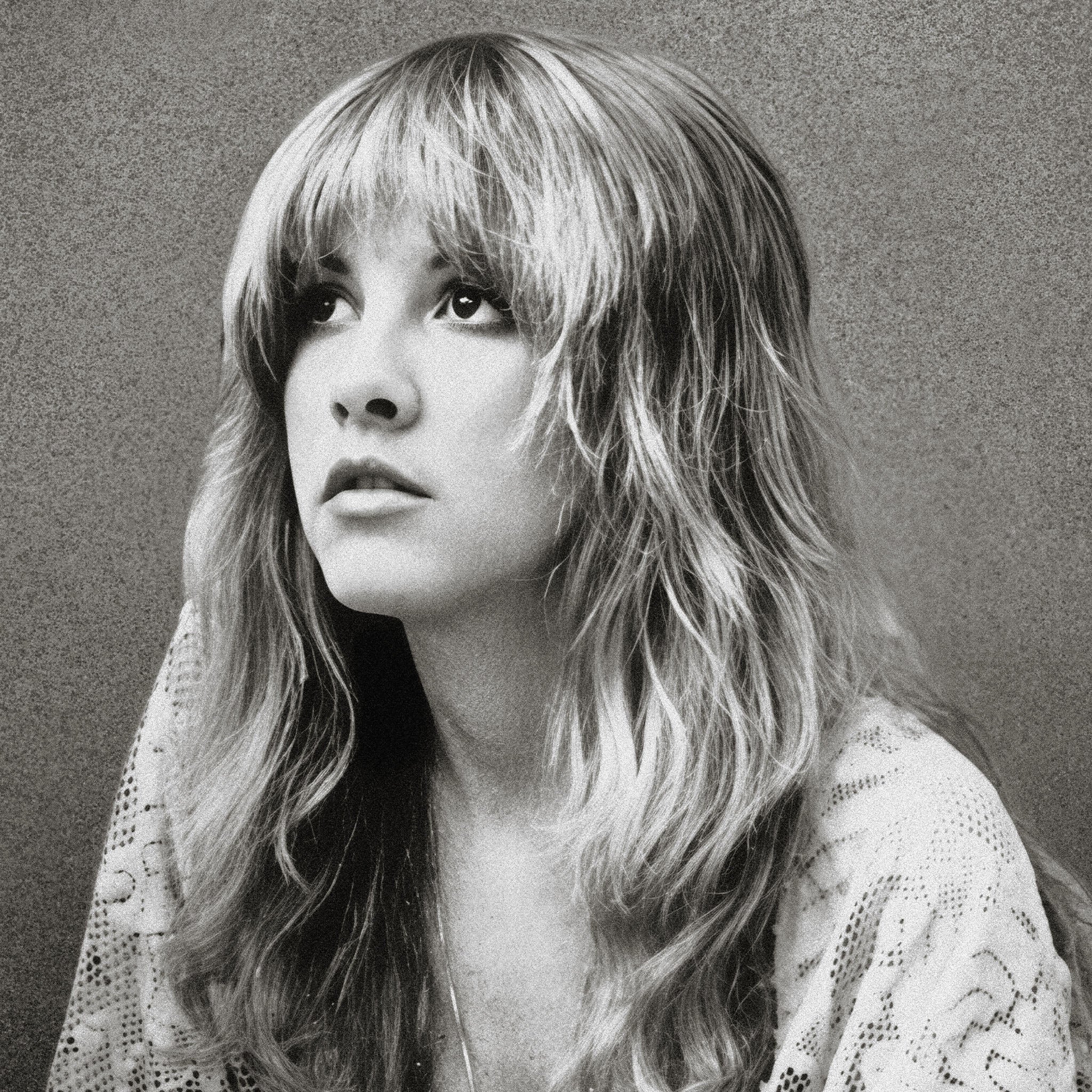 Medium zoom highlighting the crisp detail and deep contrast of the Stevie Nicks 1976 black and white portrait print