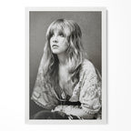 Stevie Nicks 1976 Rumours era bohemian black and white portrait in a classic white poster frame