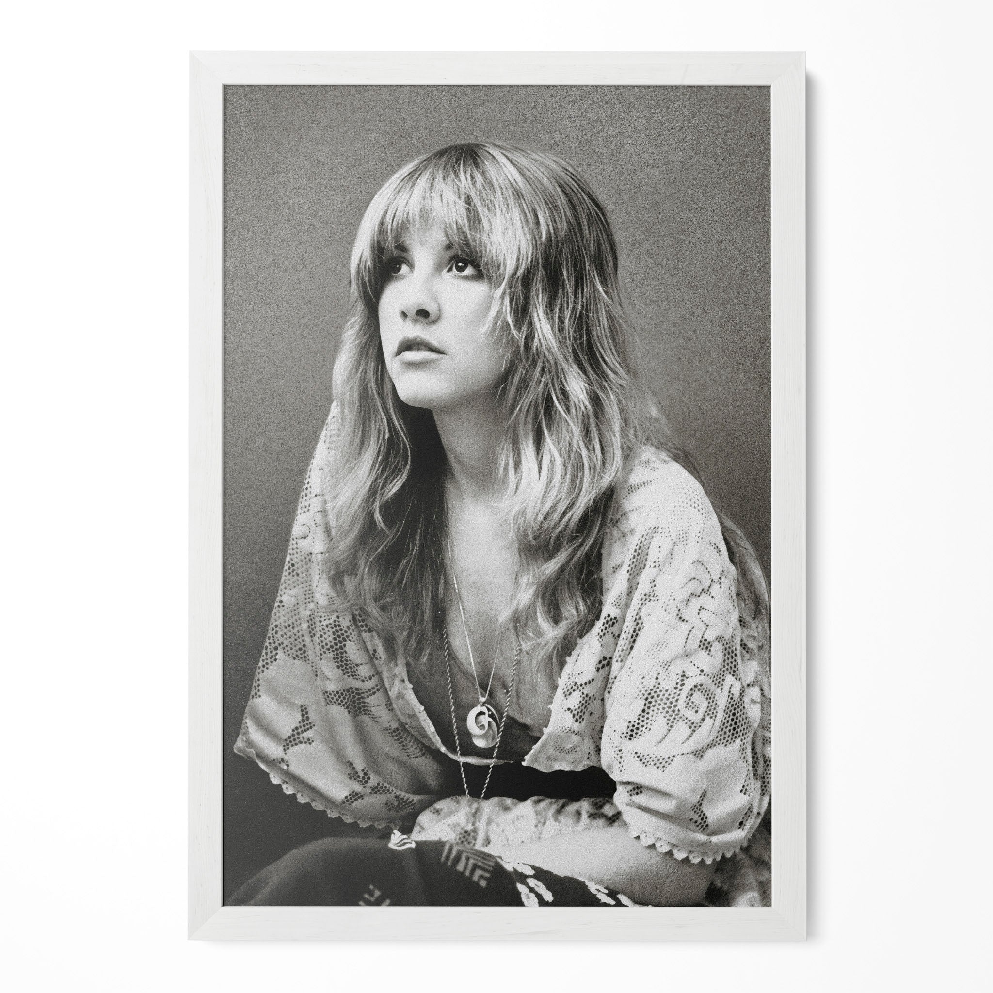 Stevie Nicks 1976 Rumours era bohemian black and white portrait in a classic white poster frame