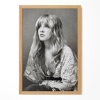 Stevie Nicks 1976 Rumours era bohemian black and white portrait in a natural oak poster frame