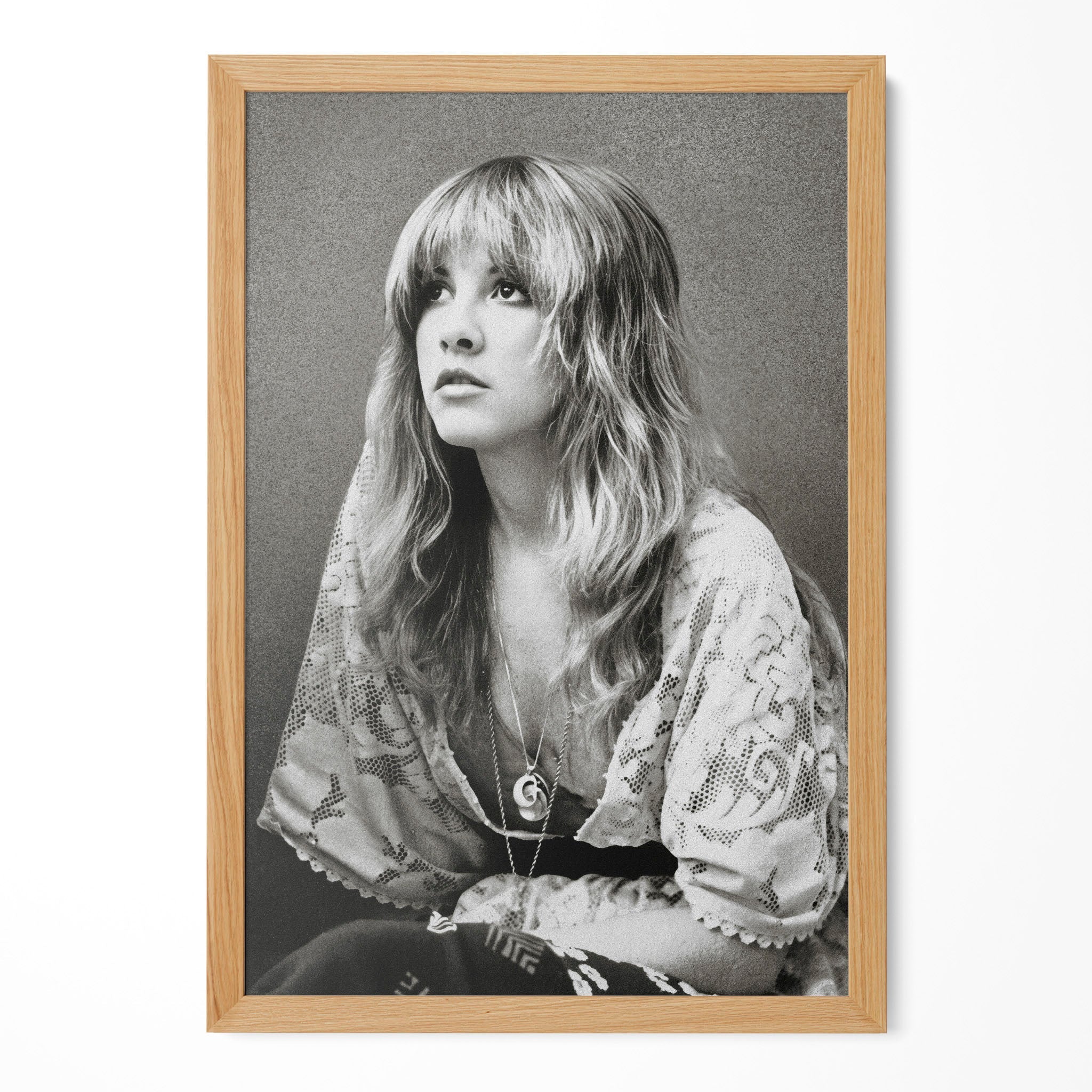 Stevie Nicks 1976 Rumours era bohemian black and white portrait in a natural oak poster frame