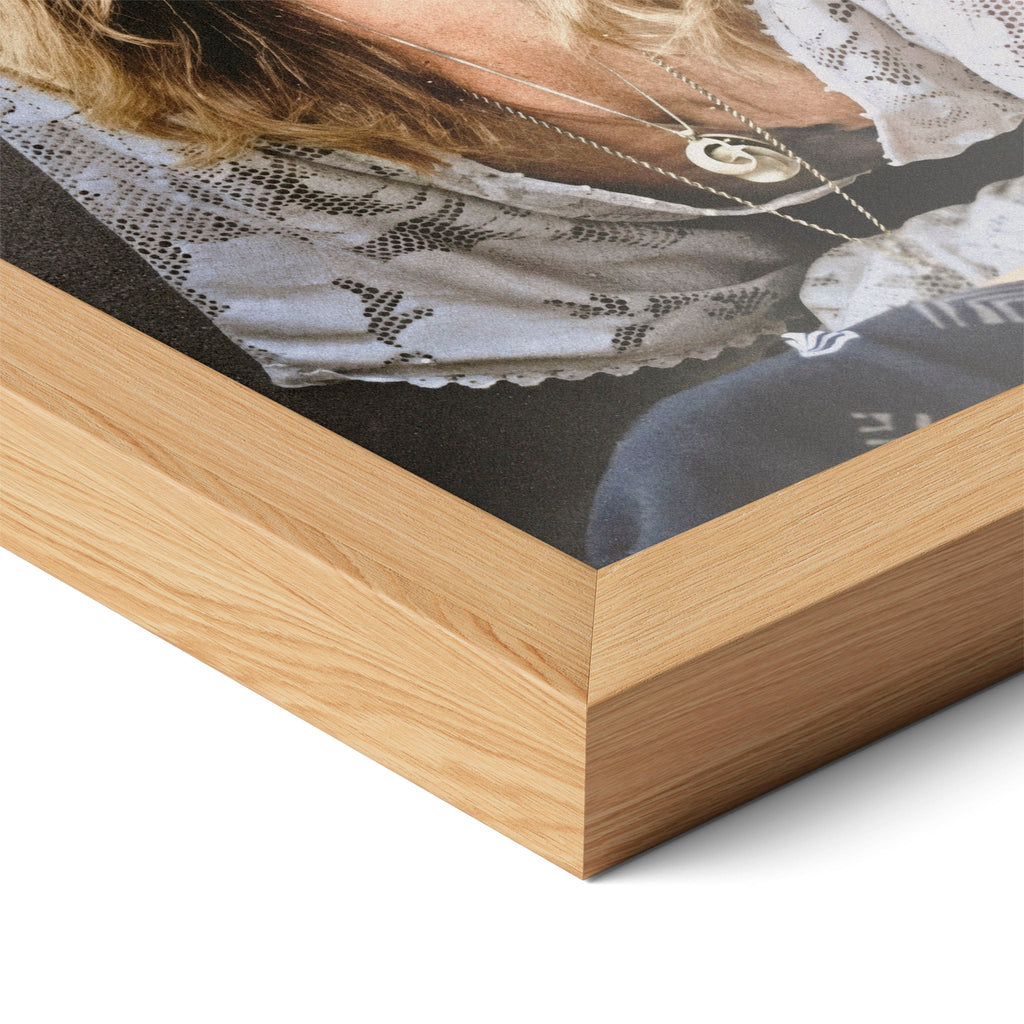 Corner close-up of the Stevie Nicks 1976 colour portrait in a natural oak frame
