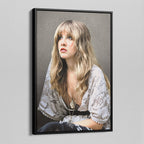 Angled view of the Stevie Nicks 1976 colour portrait canvas in a black floating frame