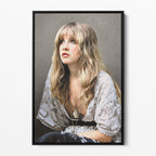Front view of the Stevie Nicks 1976 colour portrait canvas in a black floating frame