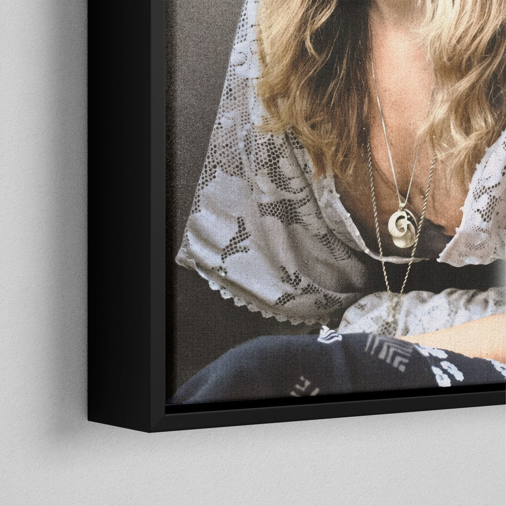 Corner close-up of the black floating frame on the Stevie Nicks 1976 colour canvas