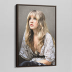 Angled view of the Stevie Nicks 1976 colour portrait canvas in a dark walnut floating frame