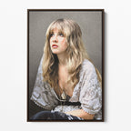 Front view of the Stevie Nicks 1976 colour portrait canvas in a dark walnut floating frame