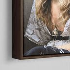 Corner close-up of the dark walnut floating frame on the Stevie Nicks 1976 colour canvas
