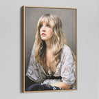 Angled view of the Stevie Nicks 1976 colour portrait canvas in a natural oak floating frame