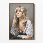 Front view of the Stevie Nicks 1976 colour portrait canvas in a natural oak floating frame