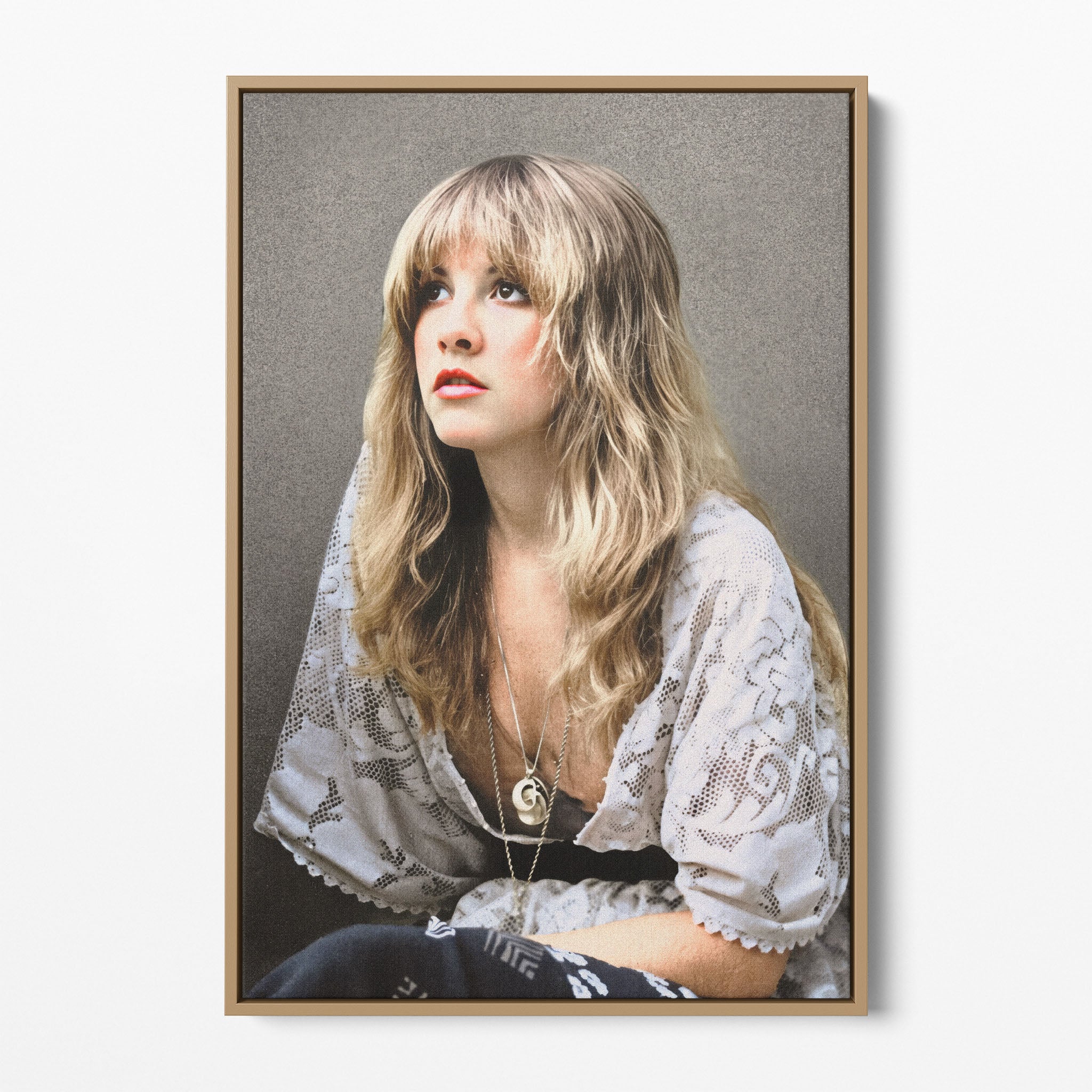 Front view of the Stevie Nicks 1976 colour portrait canvas in a natural oak floating frame