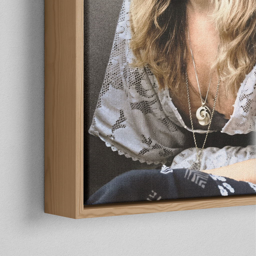 Corner close-up of the natural oak floating frame on the Stevie Nicks 1976 colour canvas