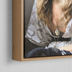 Corner close-up of the natural oak floating frame on the Stevie Nicks 1976 colour canvas