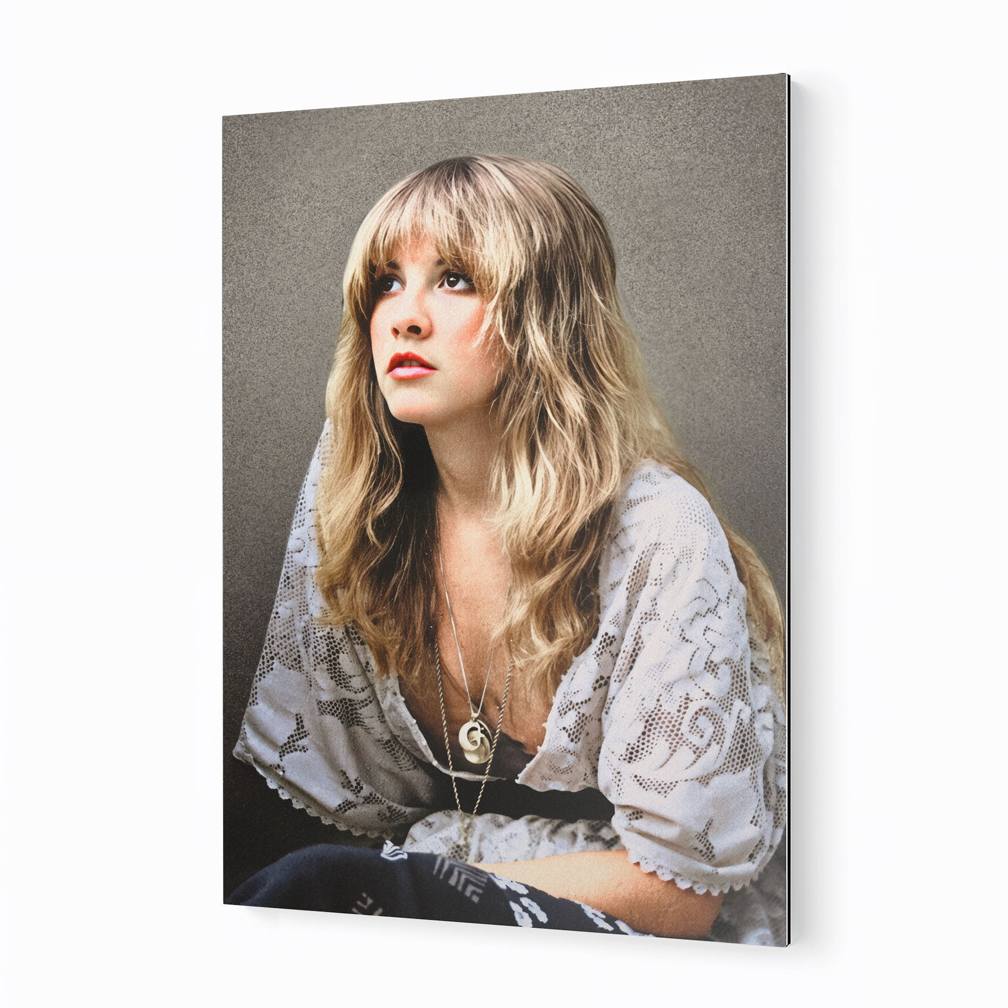 Stevie Nicks 1976 Rumours era bohemian colour portrait on sleek aluminium metal