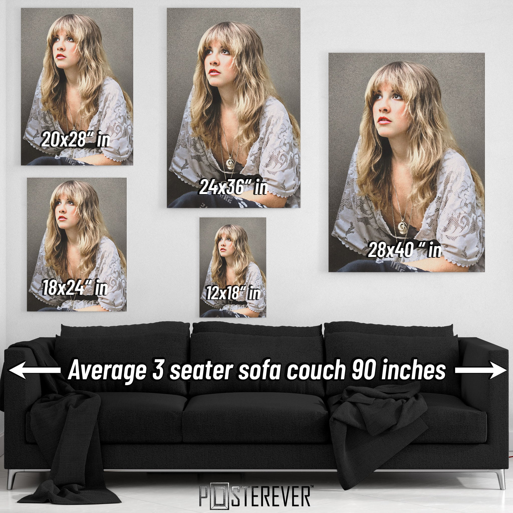 Wall art size comparison chart displaying multiple print dimensions above an average 3-seater sofa