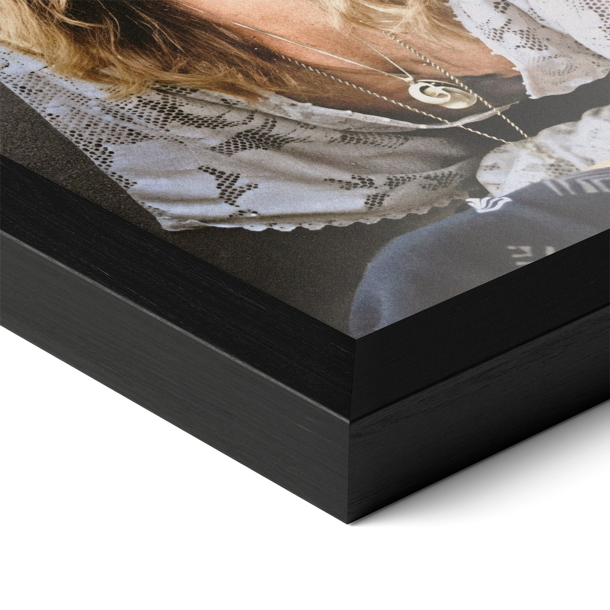 Corner close-up of the Stevie Nicks 1976 colour portrait in a classic black frame