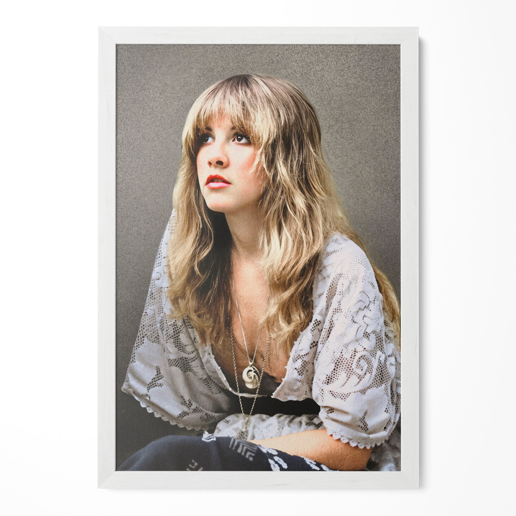 Stevie Nicks 1976 Rumours era bohemian colour portrait in a classic white poster frame