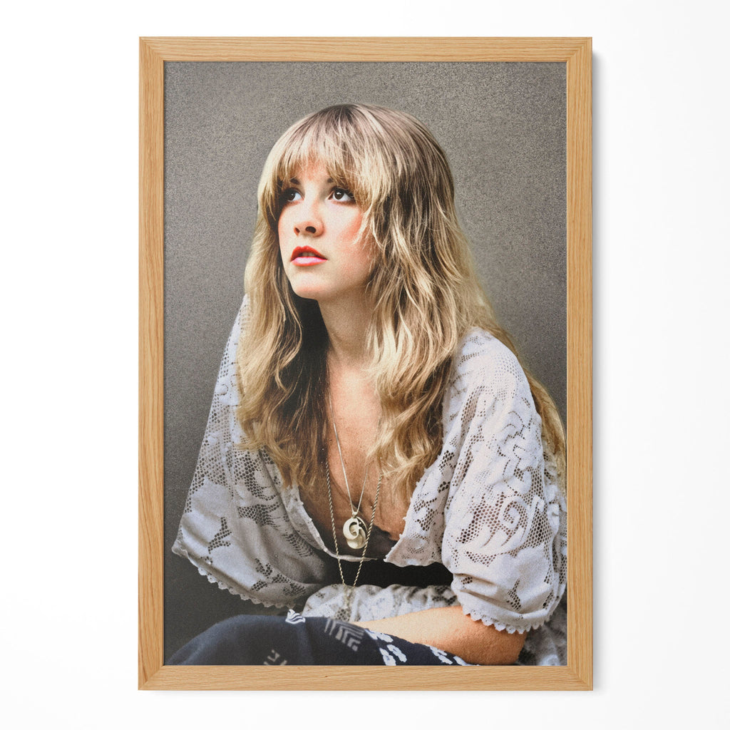 Stevie Nicks 1976 Rumours era bohemian colour portrait in a natural oak poster frame