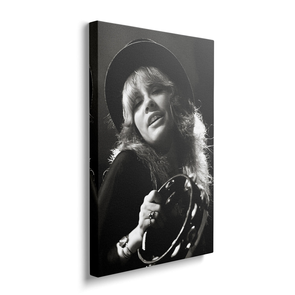 Gallery-wrapped canvas of the Stevie Nicks Fleetwood Mac 1977 Oakland black and white portrait