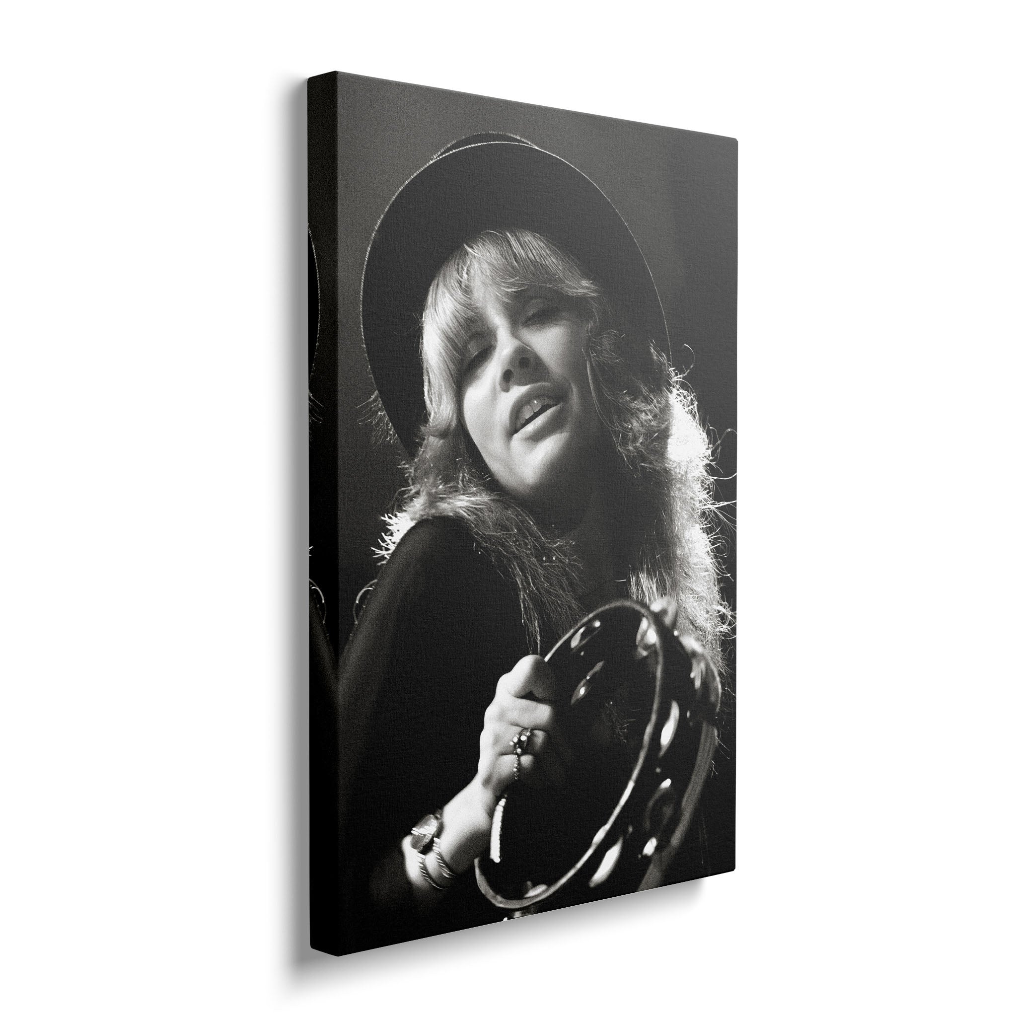 Gallery-wrapped canvas of the Stevie Nicks Fleetwood Mac 1977 Oakland black and white portrait