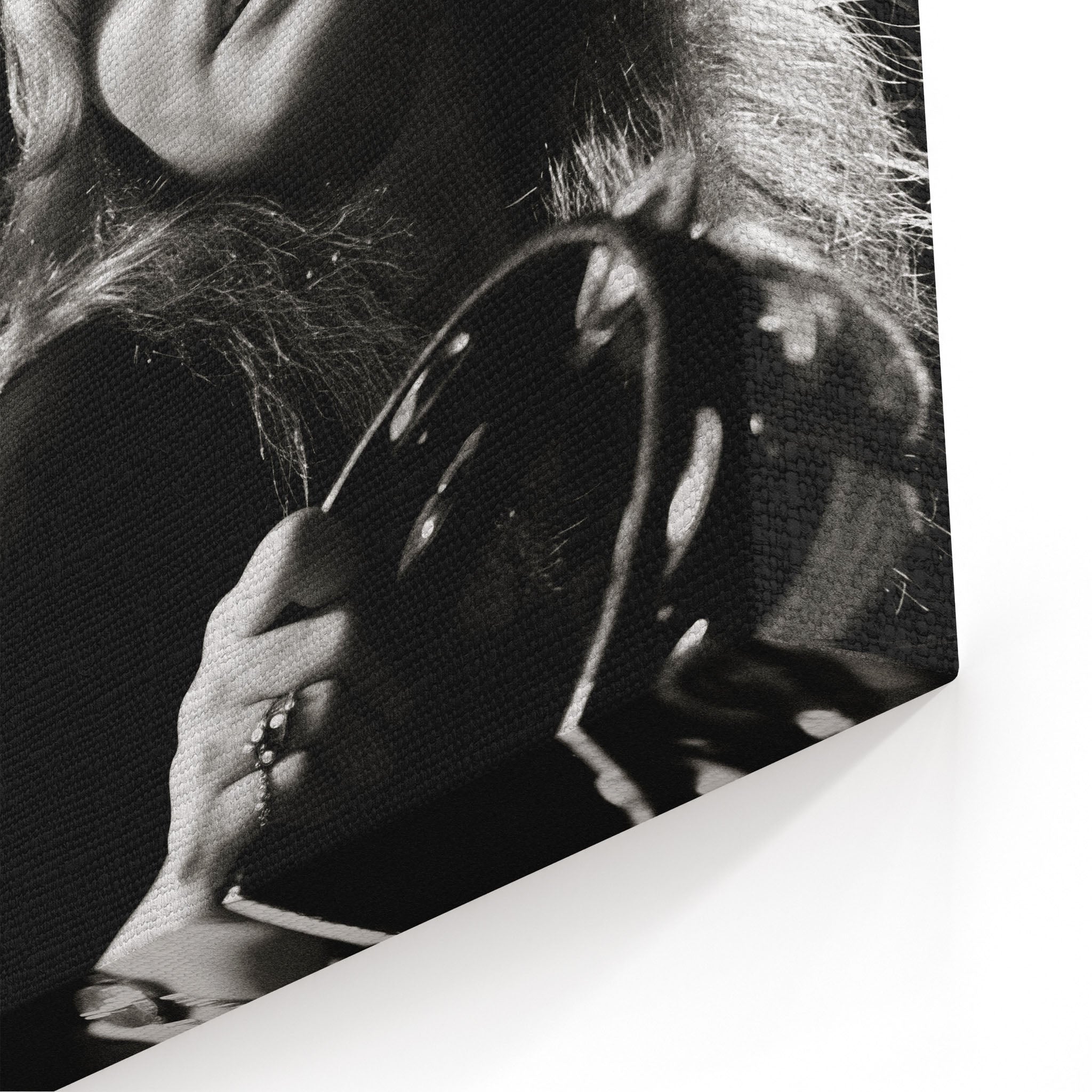 Close-up of the gallery-wrapped canvas edge on the Stevie Nicks 1977 Oakland black and white print