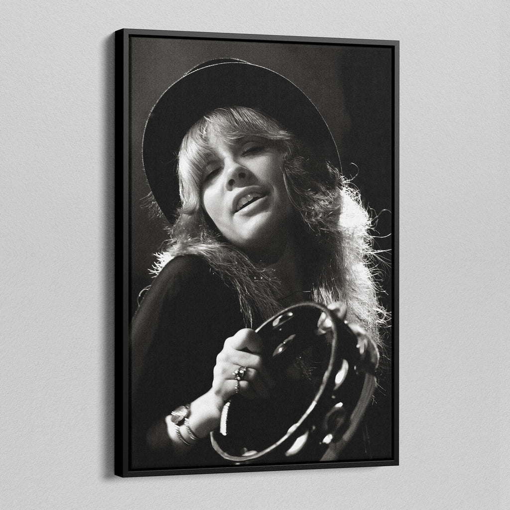 Angled view of the Stevie Nicks 1977 Oakland black and white canvas in a black floating frame