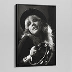 Angled view of the Stevie Nicks 1977 Oakland black and white canvas in a black floating frame