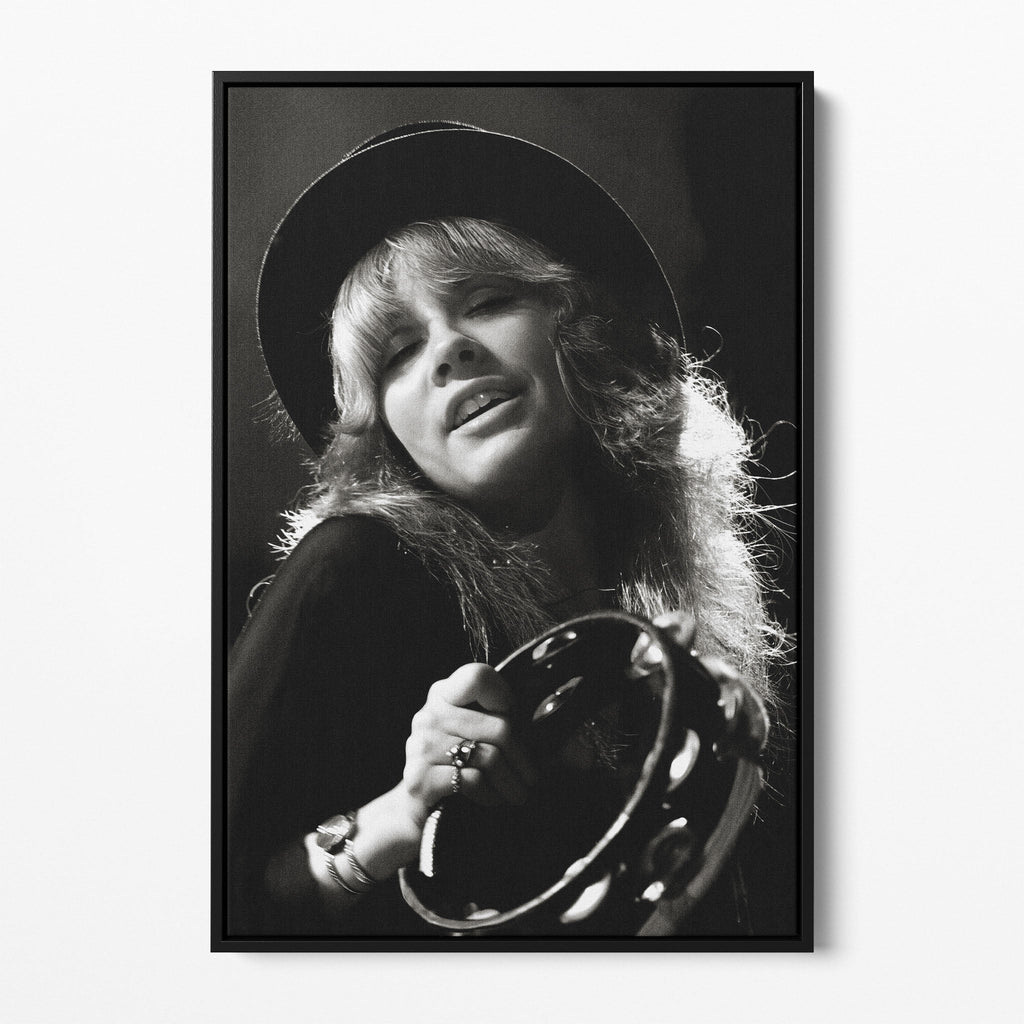 Front view of the Stevie Nicks 1977 Oakland black and white canvas in a black floating frame