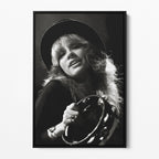 Front view of the Stevie Nicks 1977 Oakland black and white canvas in a black floating frame