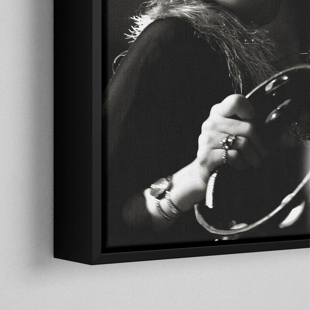 Corner close-up of the black floating frame on the Stevie Nicks 1977 Oakland black and white canvas