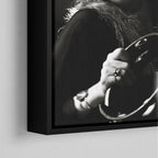 Corner close-up of the black floating frame on the Stevie Nicks 1977 Oakland black and white canvas