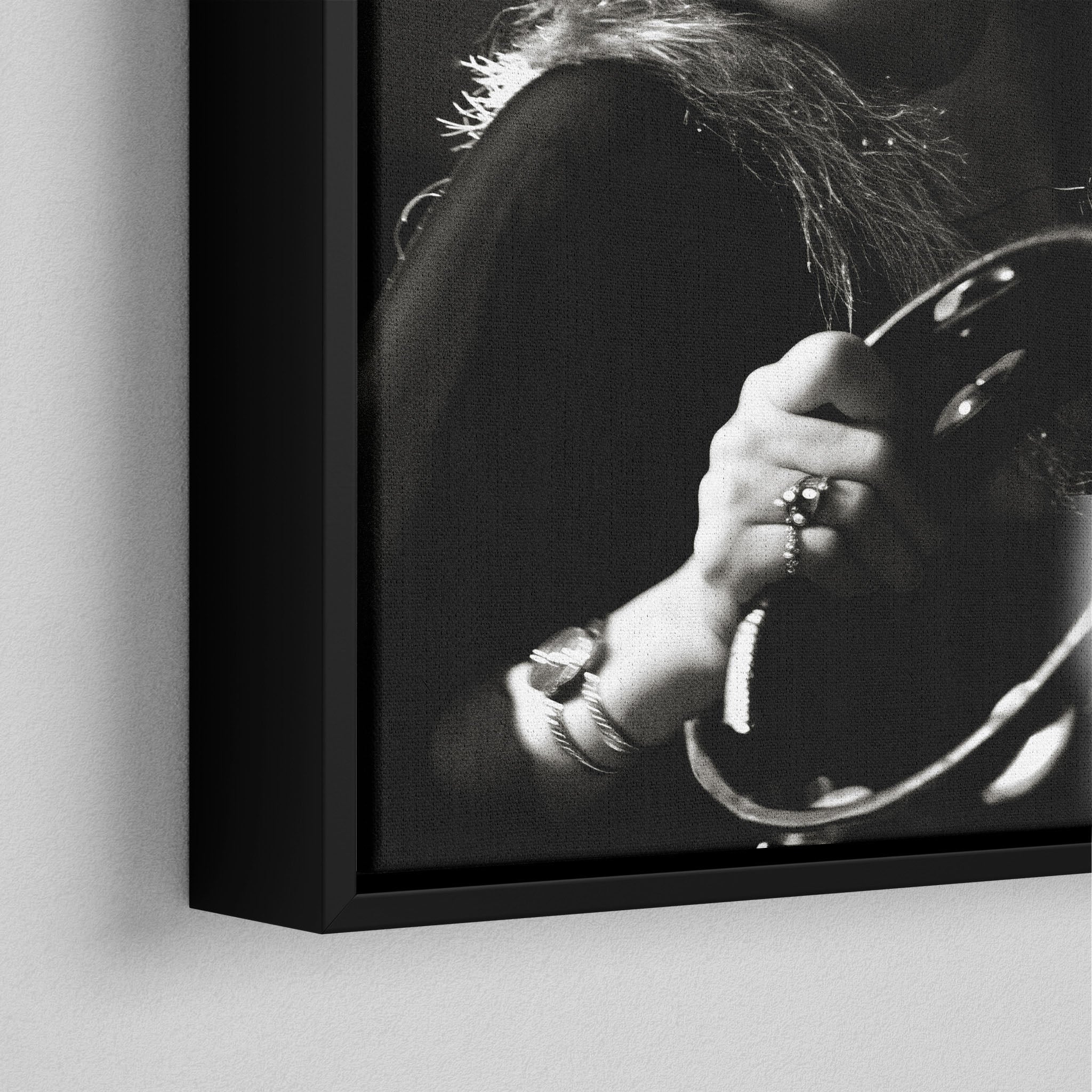 Corner close-up of the black floating frame on the Stevie Nicks 1977 Oakland black and white canvas