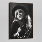 Angled view of the Stevie Nicks 1977 Oakland black and white canvas in a dark walnut floating frame