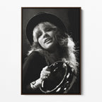Front view of the Stevie Nicks 1977 Oakland black and white canvas in a dark walnut floating frame