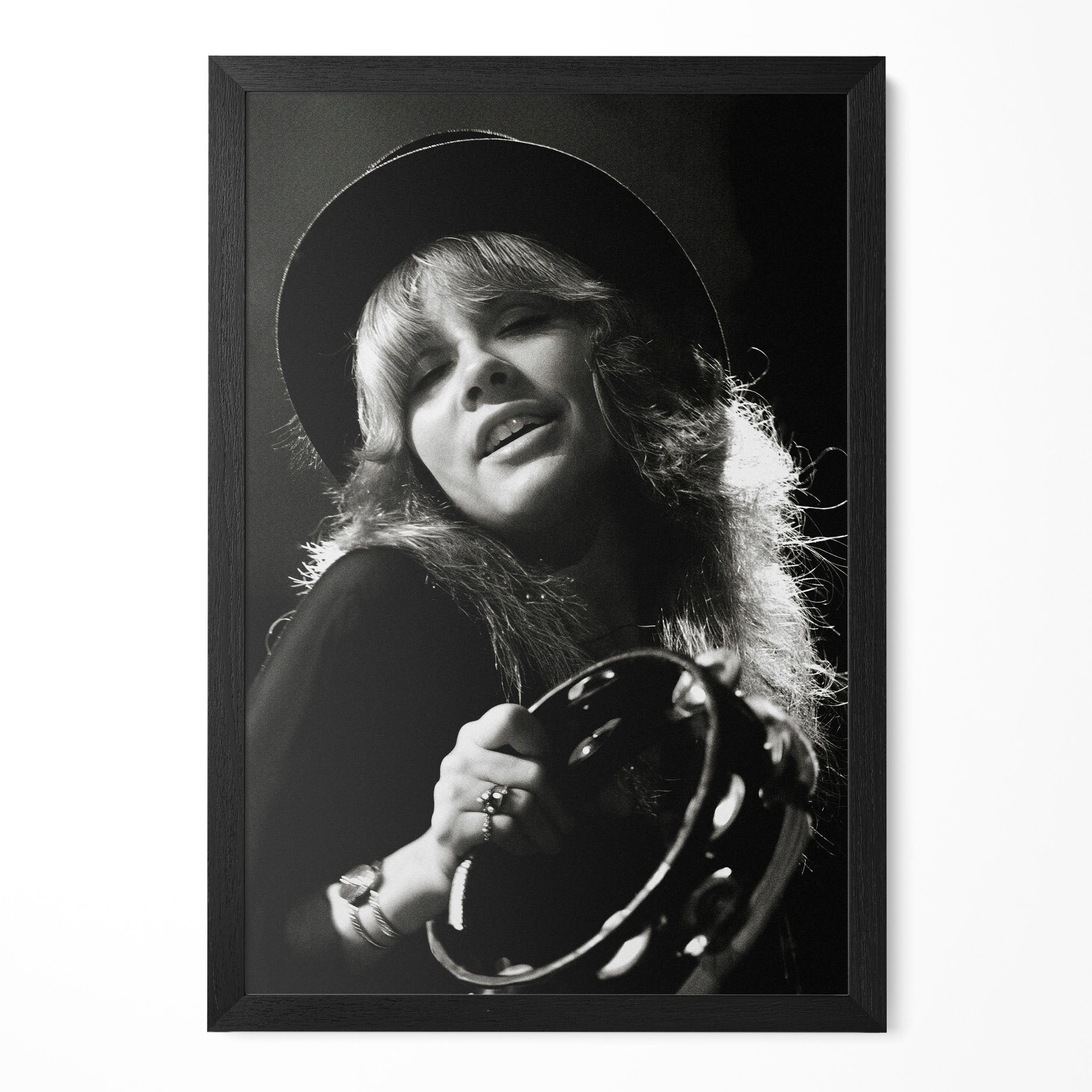 Stevie Nicks 1977 Rumours Tour Oakland Day on the Green black and white concert portrait in a classic black poster frame