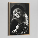 Angled view of the Stevie Nicks 1977 Oakland black and white canvas in a natural oak floating frame