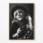 Front view of the Stevie Nicks 1977 Oakland black and white canvas in a natural oak floating frame