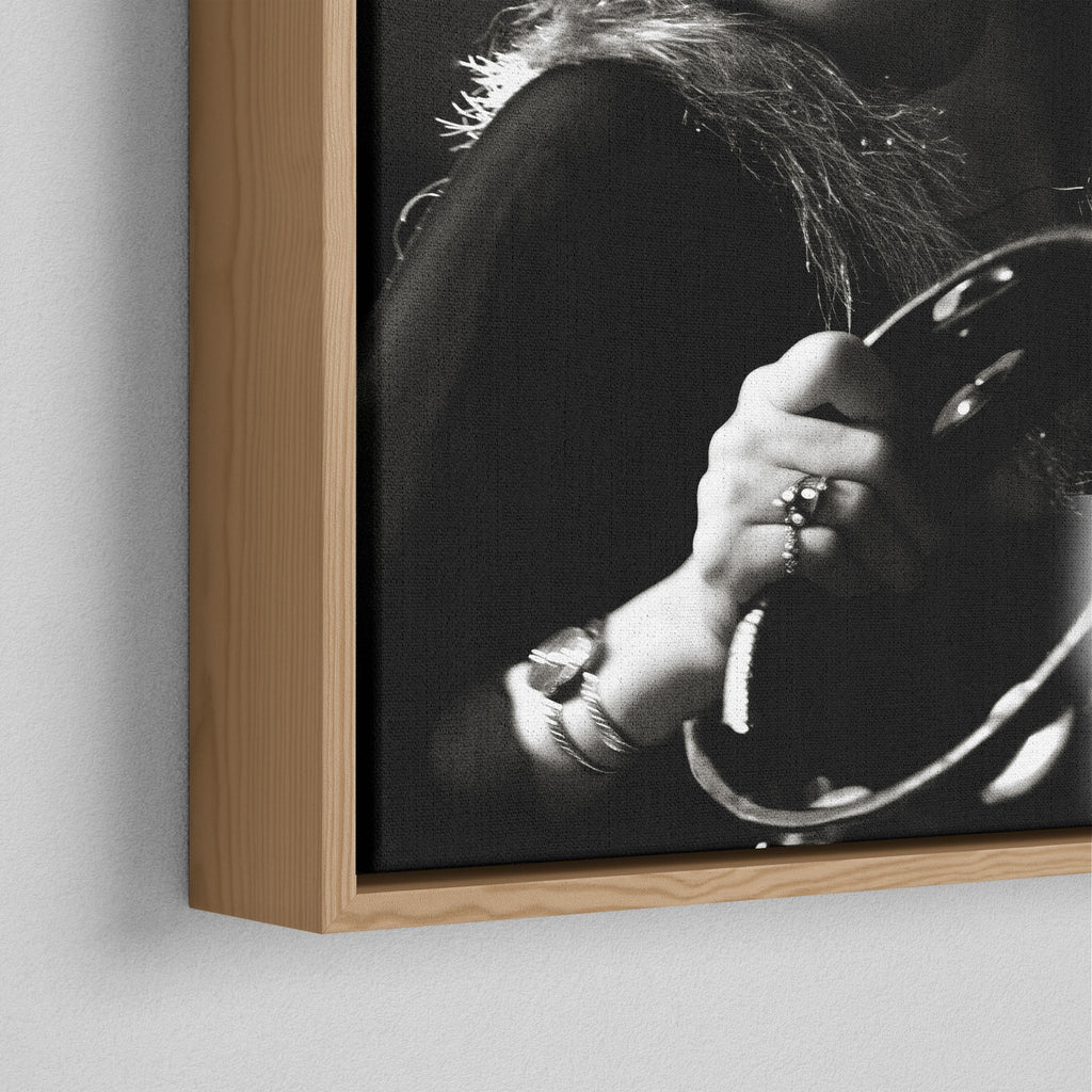 Corner close-up of the natural oak floating frame on the Stevie Nicks 1977 Oakland black and white canvas